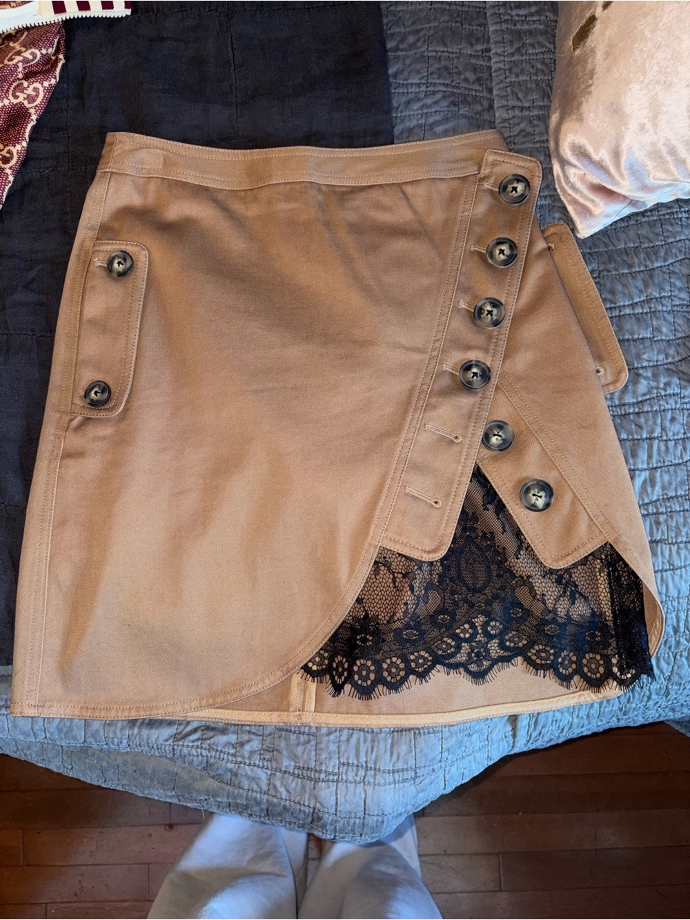 Self-Portrait Camel Mini Skirt with Black Lace Panel